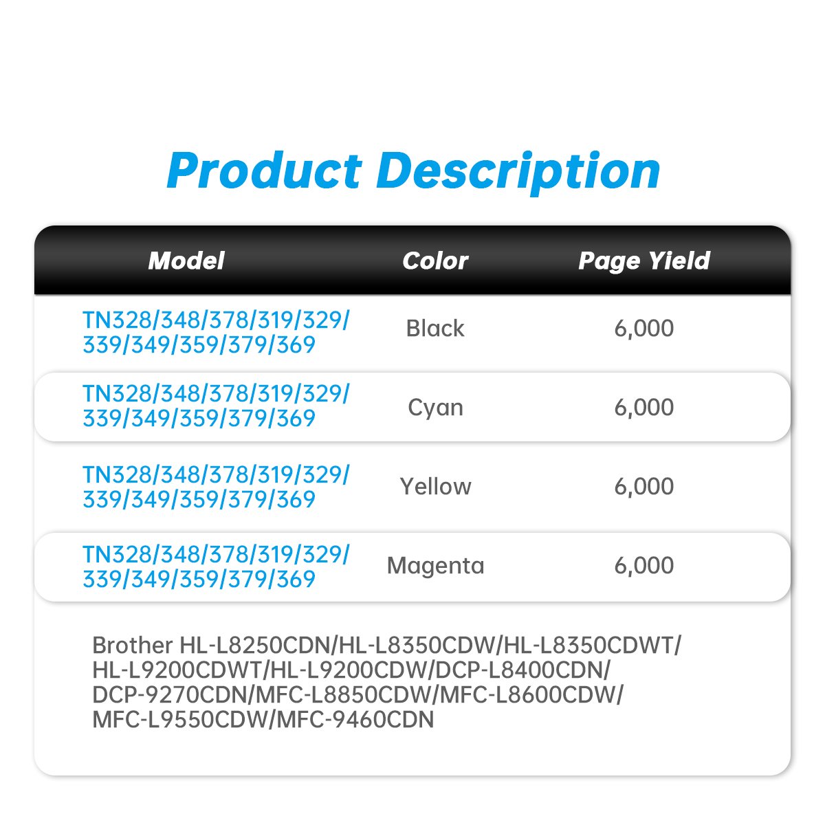 Compatible Brother Color Toner Cartridge TN328 TN348 TN329 TN349 TN369 for MFC-L8850CDW/L8600CDW/L9950CDW Laser Toner Cartridge