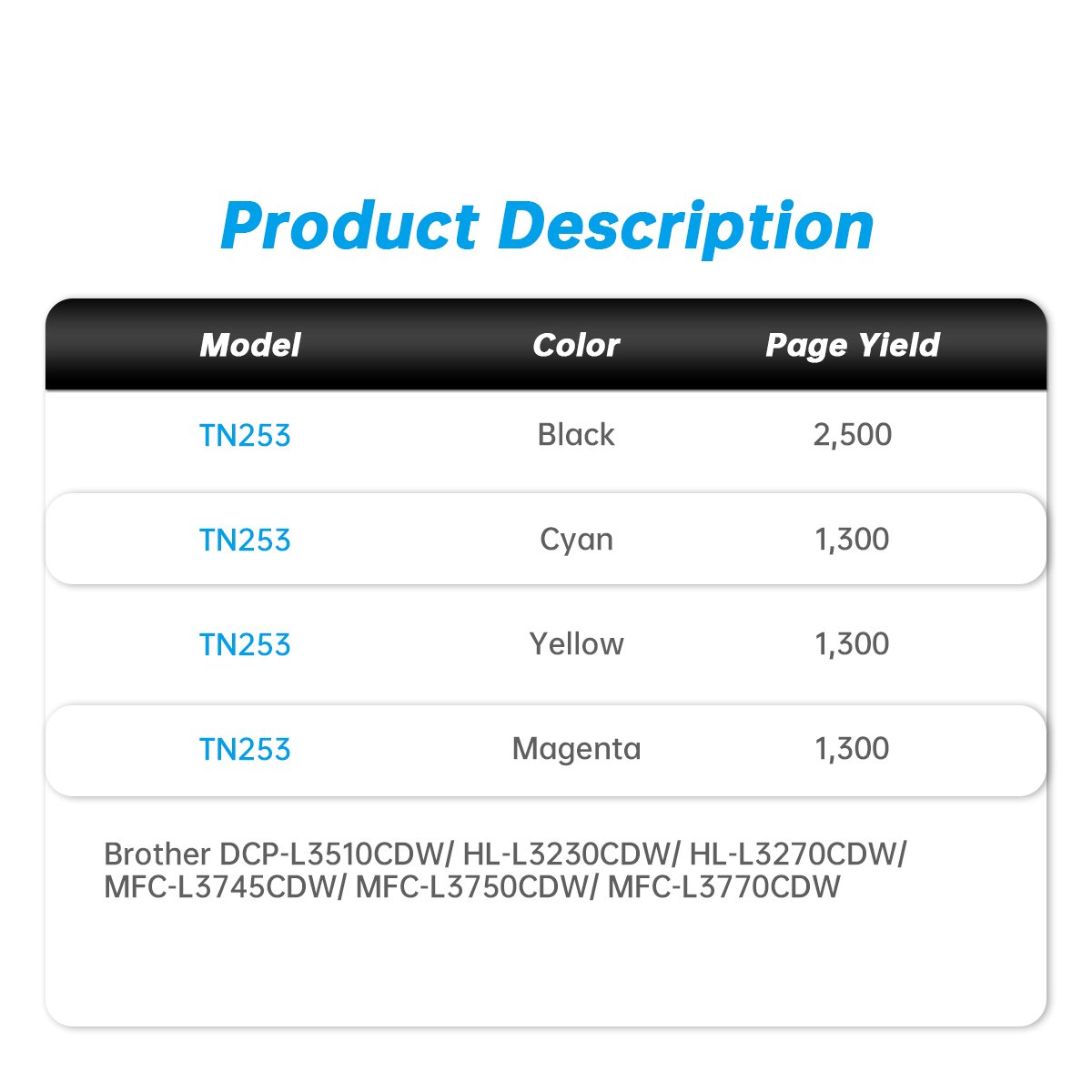 High Quality TN253 TN-253 TN257 TN-257 Laser Color Toner Cartridge Cartridges Compatible for Brother DCP-L3510CDW MFC-L3750CDW