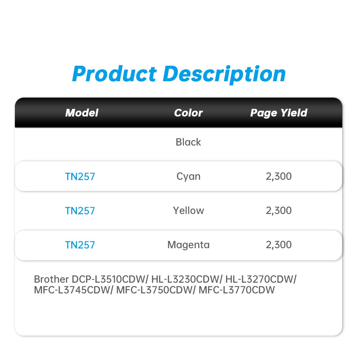 High Quality TN253 TN-253 TN257 TN-257 Laser Color Toner Cartridge Cartridges Compatible for Brother DCP-L3510CDW MFC-L3750CDW