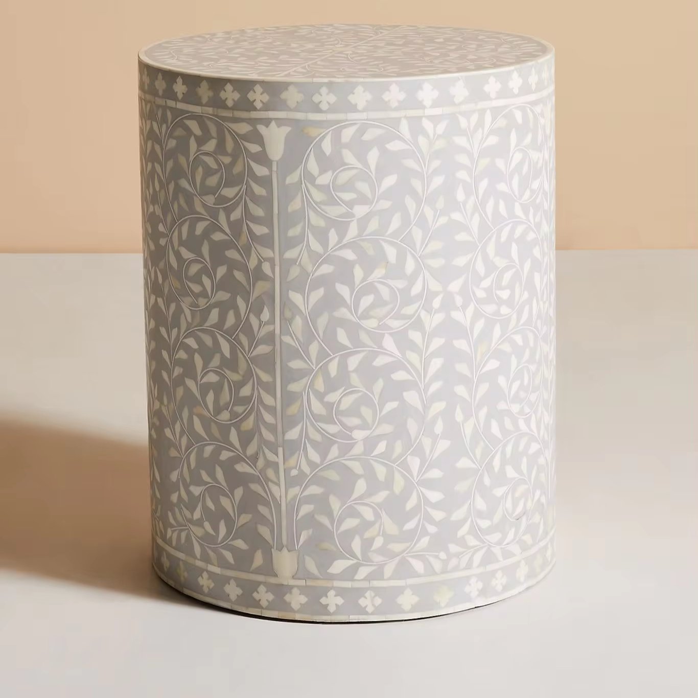 Superior High Premium Quality Handmade Bone Inlay Round Floral Pattern Drum Side Table Indian Artisan Solid Rajasthan Wooden