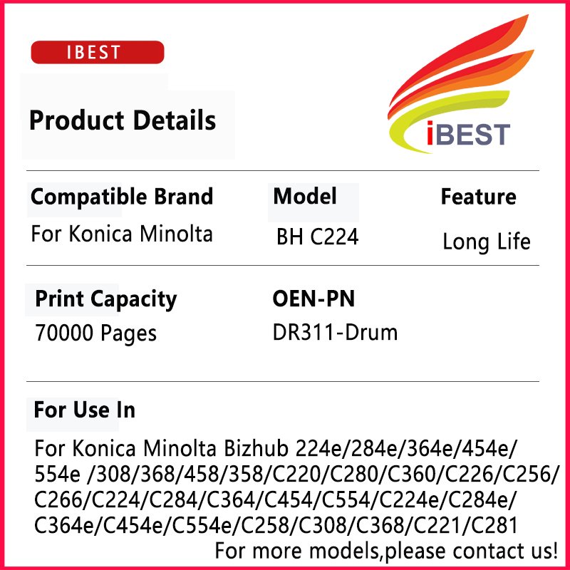 Compatible Long Life Copier OPC Drum For Konica Minolta Bizhub 224e 284e 364e 454e 458 C220 C280 C224 TN321 OPC Drum