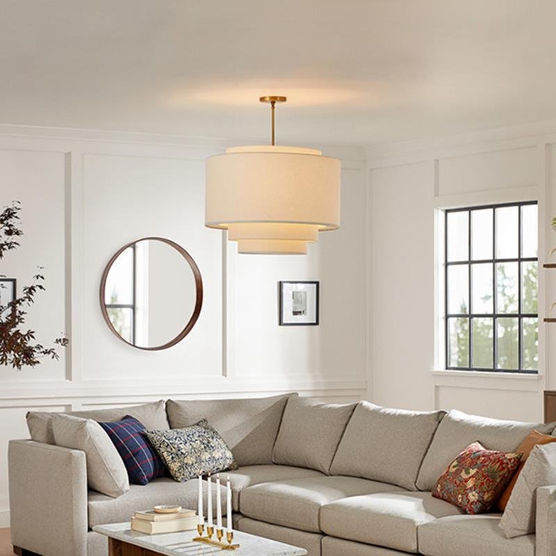 Handcrafted Natural Linen 2 3 Tier Drum Fabric Lampshade Hanging Pendant Light Modern Ceiling Fabric Lamps