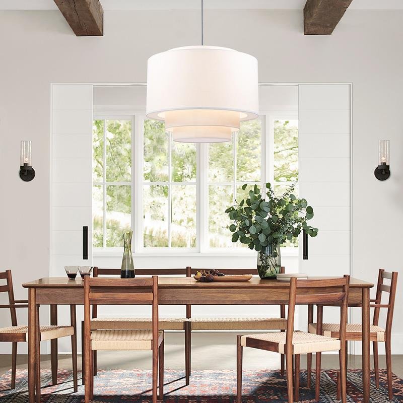 Handcrafted Natural Linen 2 3 Tier Drum Fabric Lampshade Hanging Pendant Light Modern Ceiling Fabric Lamps