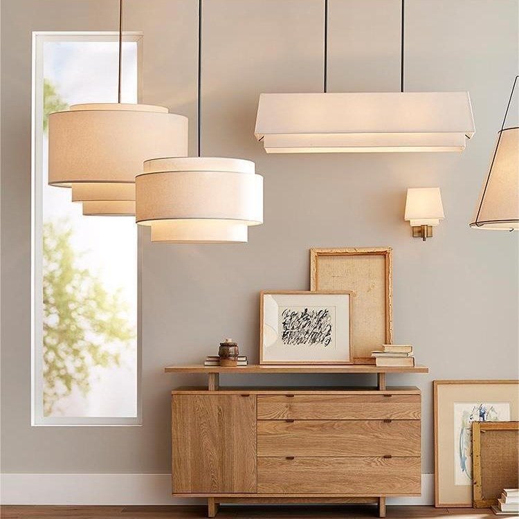 Handcrafted Natural Linen 2 3 Tier Drum Fabric Lampshade Hanging Pendant Light Modern Ceiling Fabric Lamps