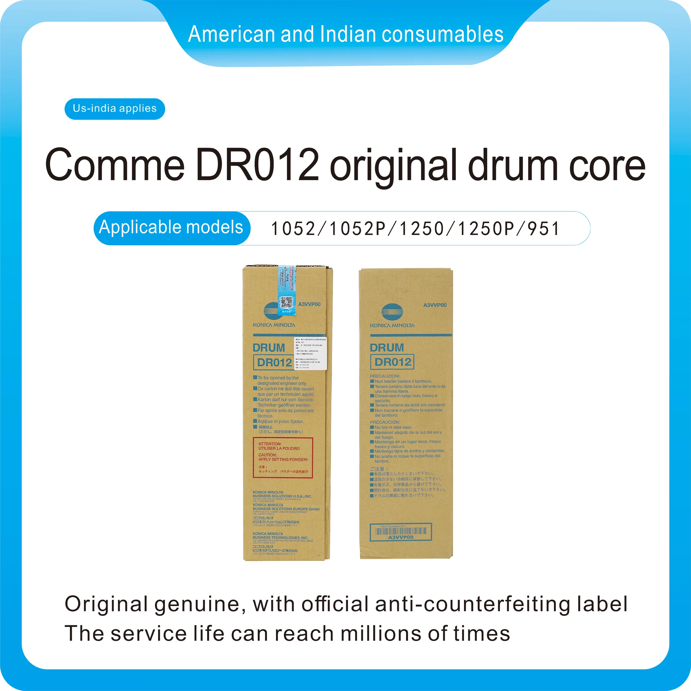 Original DR012 for KONICA MINOLTA OPC Drum for Bizhub 950 1052 1250 Bizhub Toner A3VVP00 DR 012