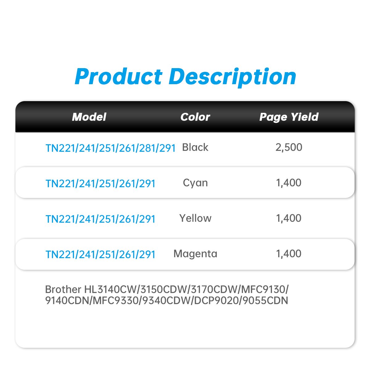 China Wholesale TN221/241/251/261/281/291 TN225/245/255/265/285/296 TN242 Color Toner Cartridge Compatible for Brother Printer