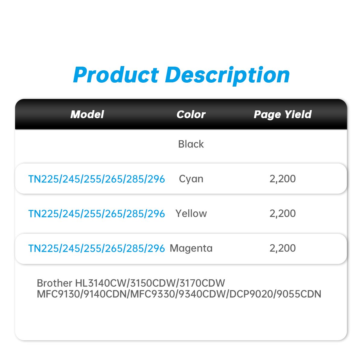 China Wholesale TN221/241/251/261/281/291 TN225/245/255/265/285/296 TN242 Color Toner Cartridge Compatible for Brother Printer