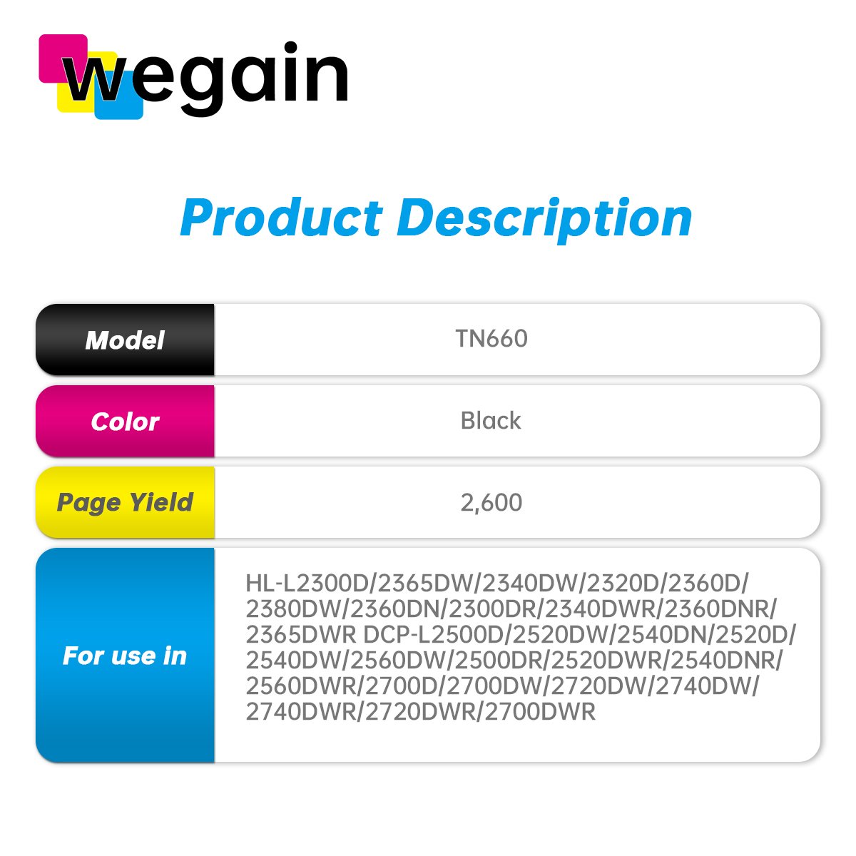 Megain TN660 TN630 DR630 Compatible Black Toner Cartridge use for HL-L2300d 2365dw Tn660 Brother Printer Toner Cartridge