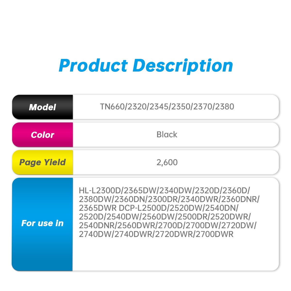 Compatible Laser Black Toner Cartridge TN660 TN2320 45 50 70 80 tn-660 Replacement for Brother HL-L2300D Tn2380 Toner Cartridge