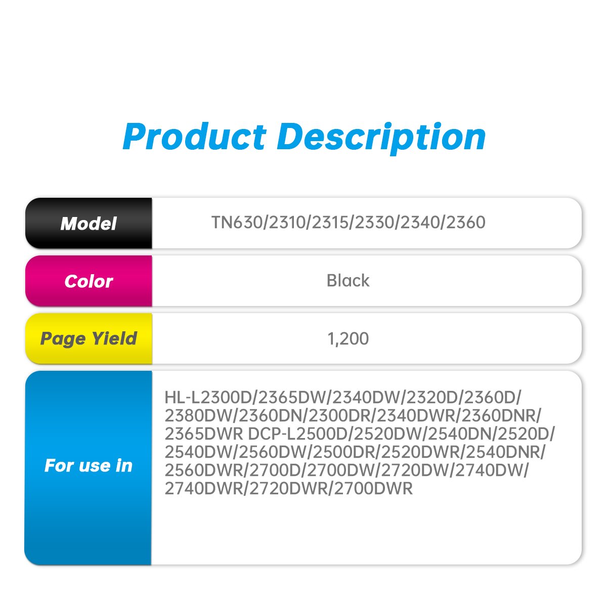 Megain TN630 TN2310 TN2315 TN2330 TN2340 TN2360 Compatible Black Brother laser Toner Cartridge for Brother HL-2365DW DCP-L2500D