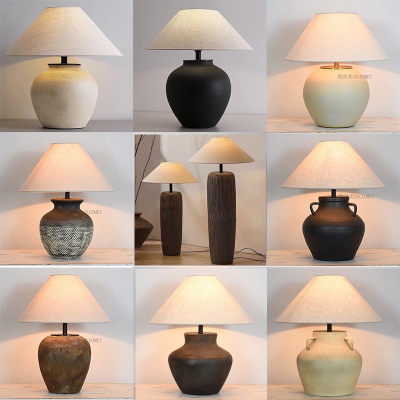 Wabi-sabi Handmade Porcelain Table Lamp Japanese Style Hotel Indoor Decor Lighting Retro Bedroom Bedside Desk Lamp