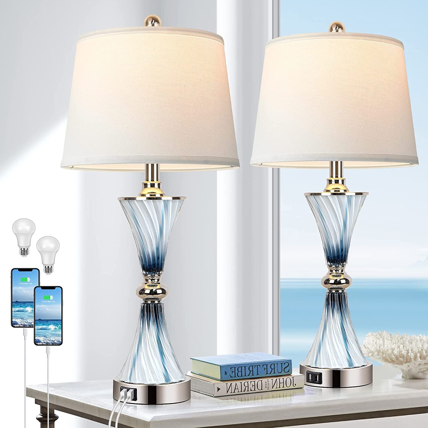 Modern USB Bed Side Table Lamp with Drum Shade Touch Control and Dimmable Feature for Bedrooms Nightstands Modern Desk Lamp