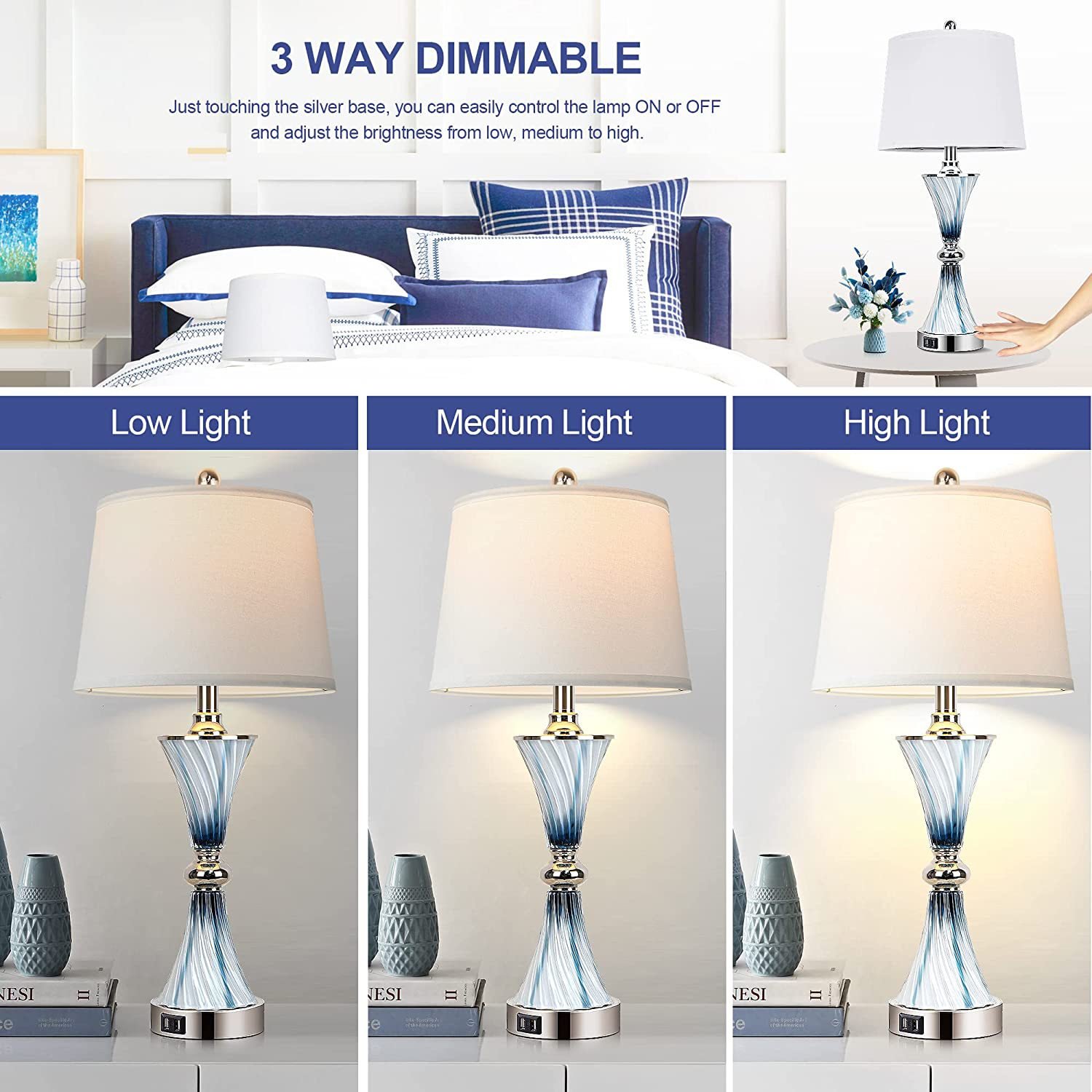 Modern USB Bed Side Table Lamp with Drum Shade Touch Control and Dimmable Feature for Bedrooms Nightstands Modern Desk Lamp