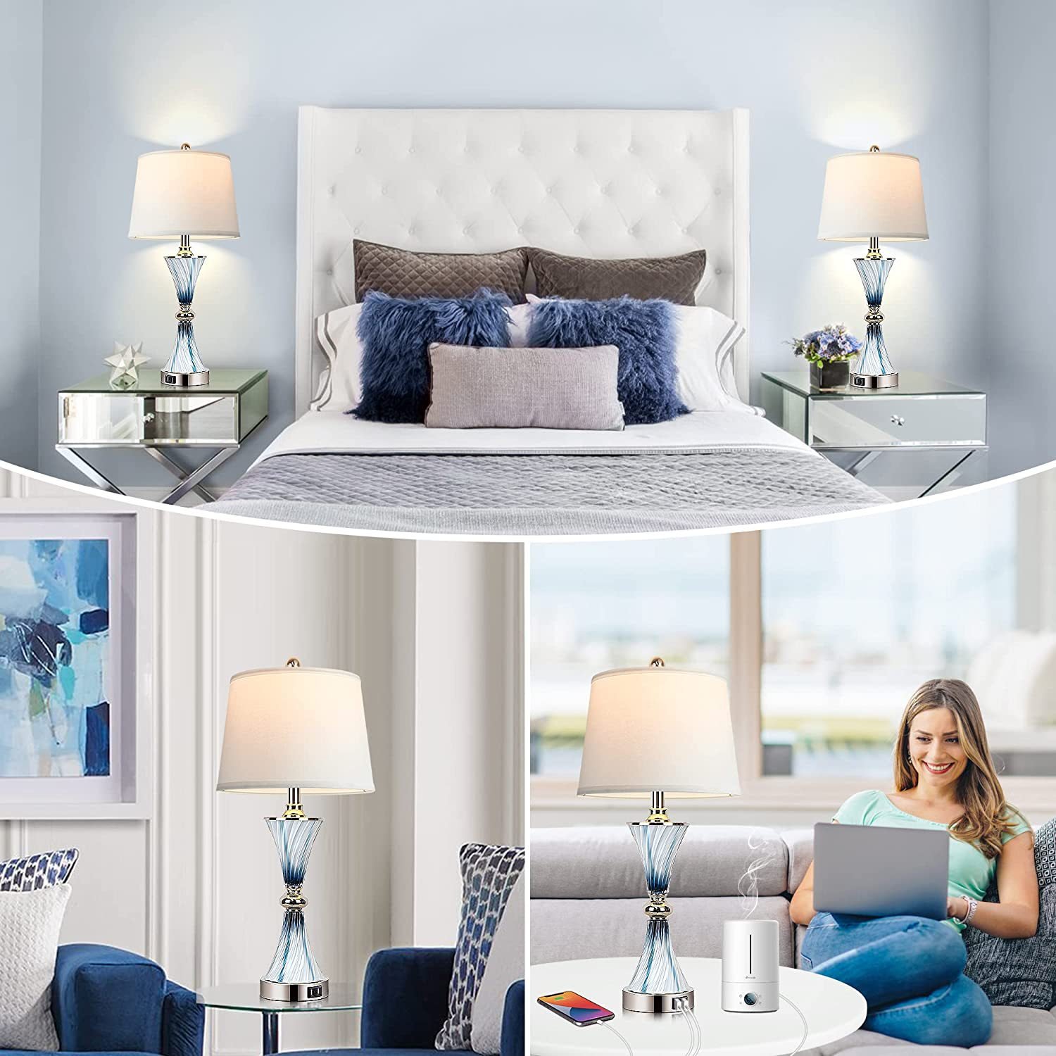Modern USB Bed Side Table Lamp with Drum Shade Touch Control and Dimmable Feature for Bedrooms Nightstands Modern Desk Lamp