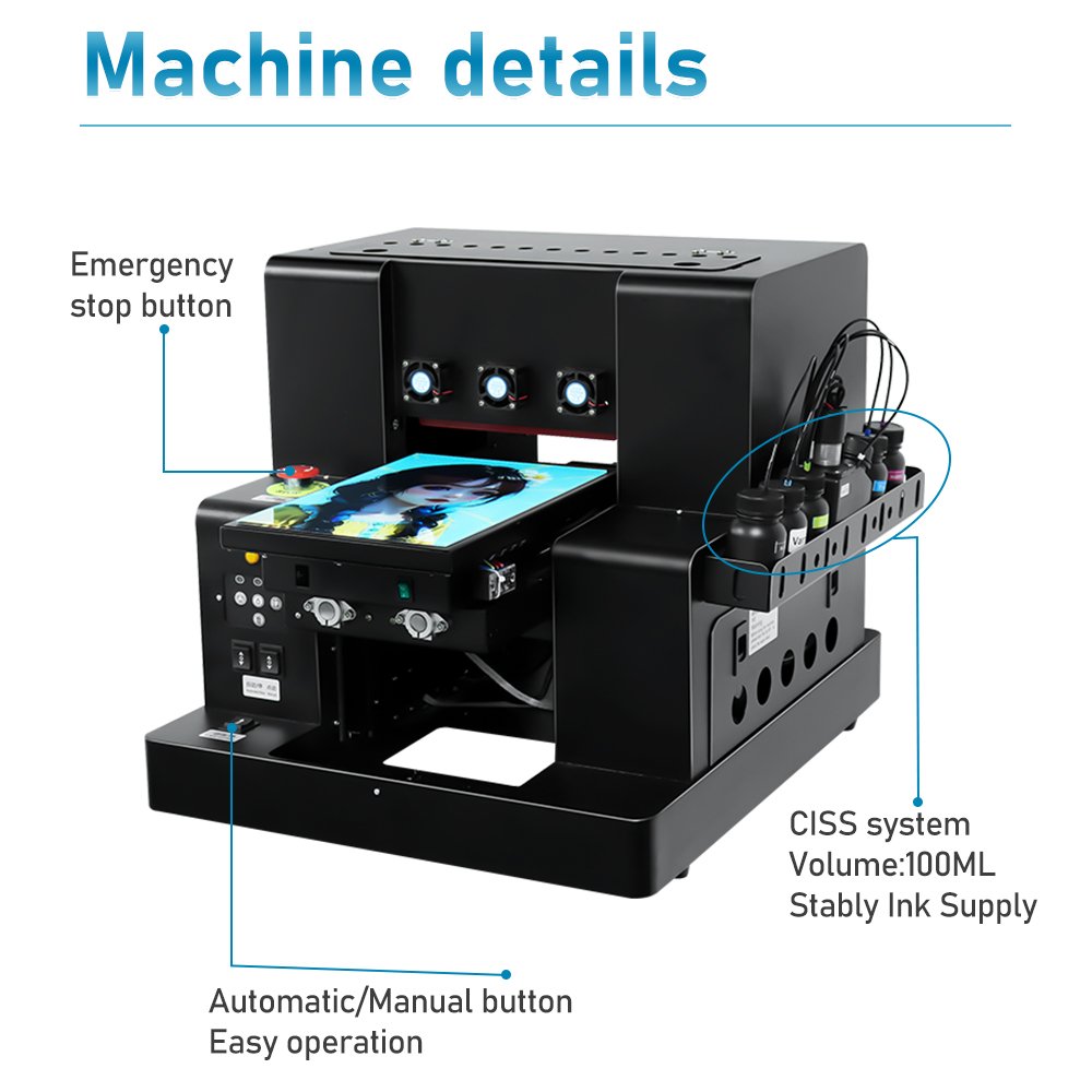 Small Led UV Printer Xp600 UV Printer Mug Bottle Phone Case Flatbed Machine Varnish A4 UV Printer