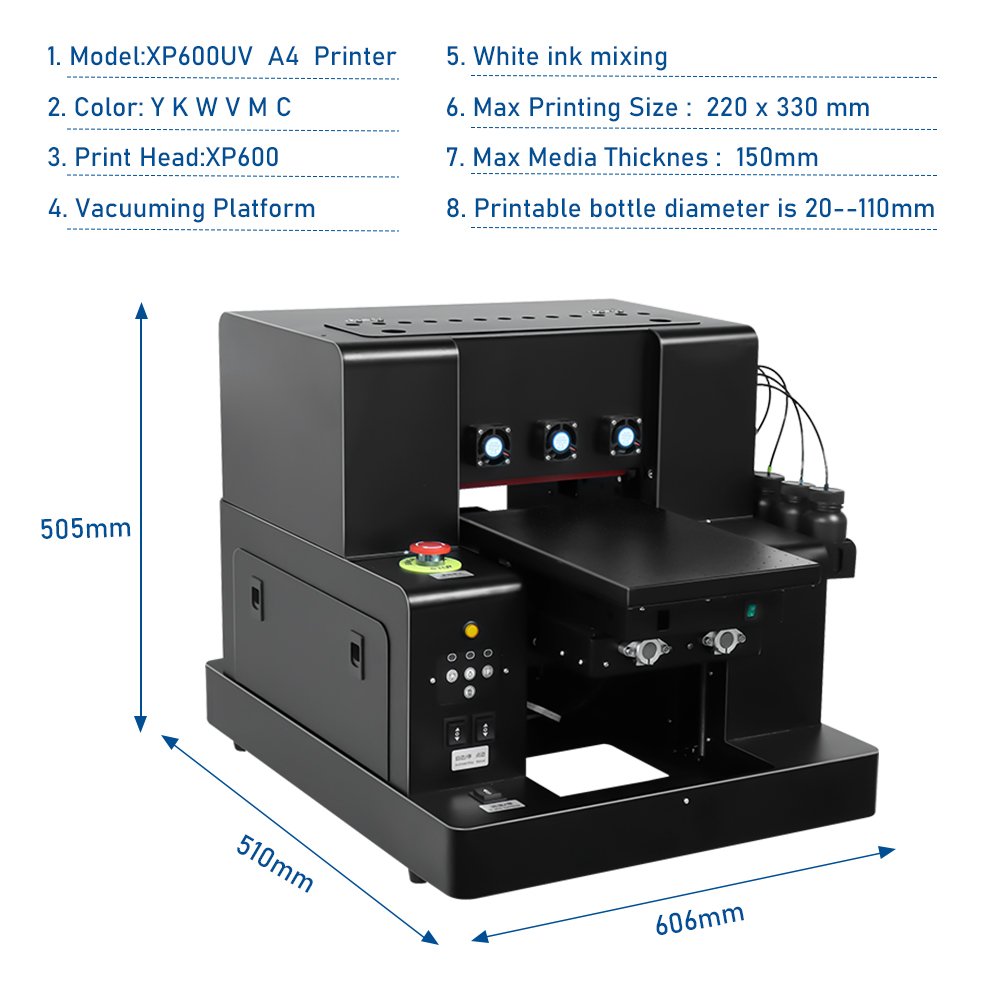 Small Led UV Printer Xp600 UV Printer Mug Bottle Phone Case Flatbed Machine Varnish A4 UV Printer