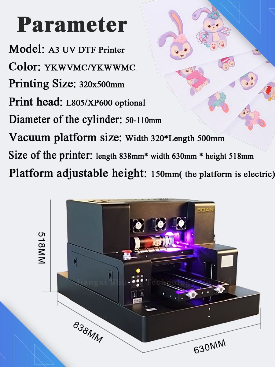 Soan Flatbed A3 Uv Printer varnish effect 6 Colors A3 Size UV LED Flatbed Printer universal fully automatic for phone case mug