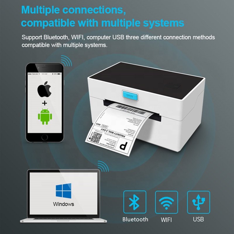 4inch 110mm 203DPI Direct USB Bluetooth Label Maker Machine Thermal Shipping Label Printer for Logistics MACOS Android with WIfi