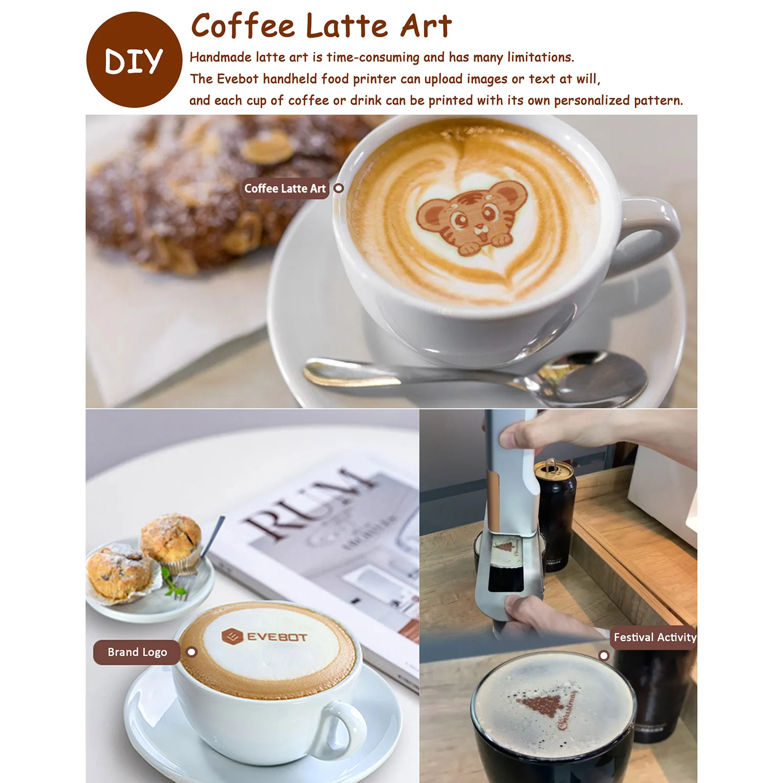 Edible Ink Inkjet Printer EVEBOT Printpen Buletooth Wireless Handheld HD Printing Coffee Beer Bread for Cofe Hotel Restaurant