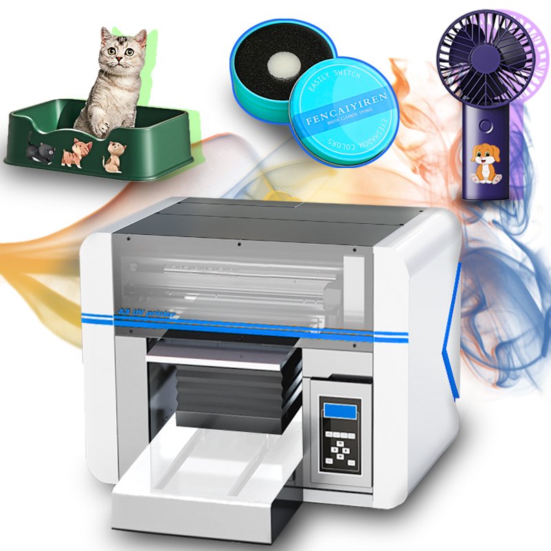 Desktop small UV printer, UV inkjet printer, printing AB glue, varnish, desktop trash can, logo, alarm clock, A3 UV DTF printer
