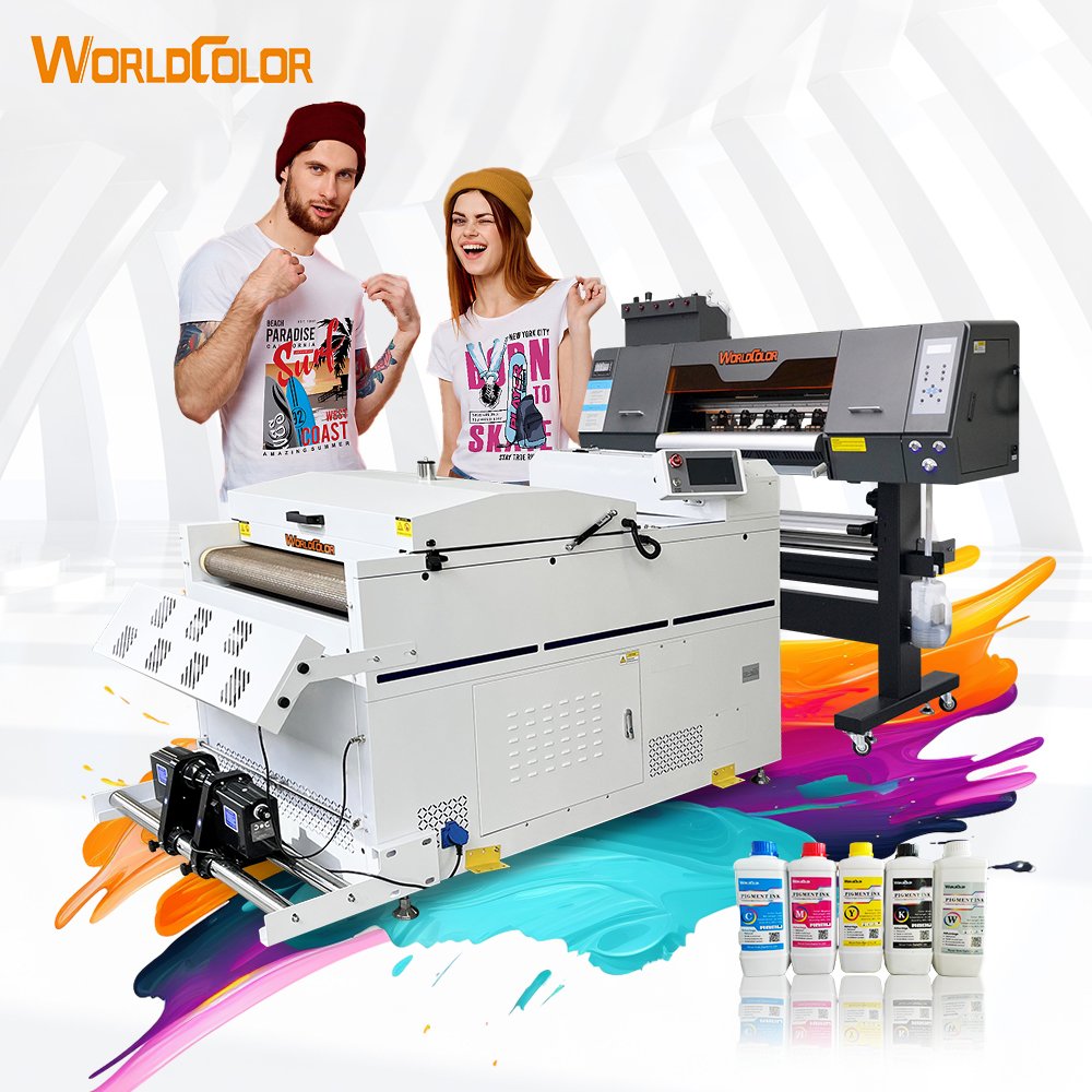 2024 Worldcolor 60cm 2 i3200 Heads DTF Tshirt Printer For All Type Fabrics Textile Cloth film transfers printer with oven shaker