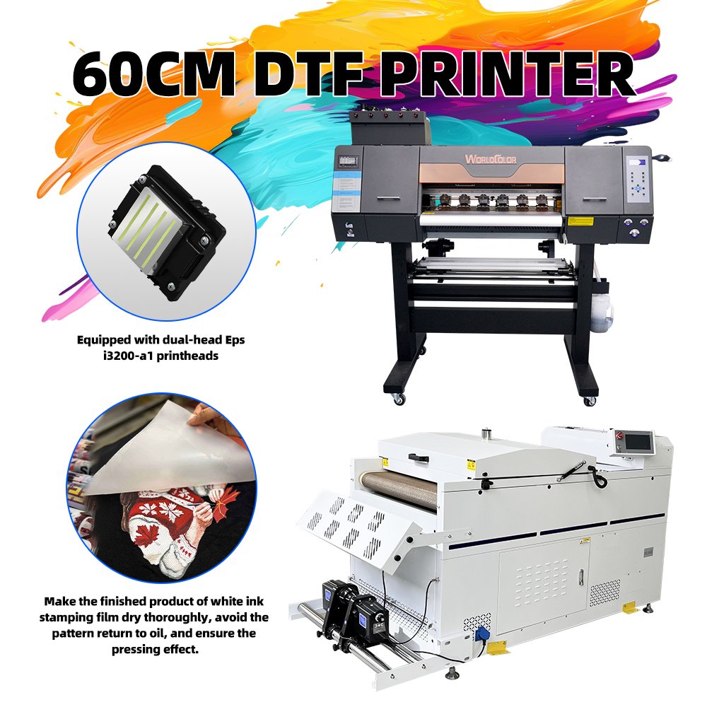 2024 Worldcolor 60cm 2 i3200 Heads DTF Tshirt Printer For All Type Fabrics Textile Cloth film transfers printer with oven shaker