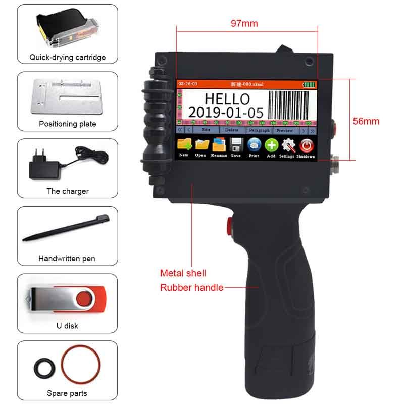 Handheld Inject Printer for Food Packing Label Machine, Cosmetics, Plastic, Glass, Metal, Pipe, Stone, Wood Board, Leather