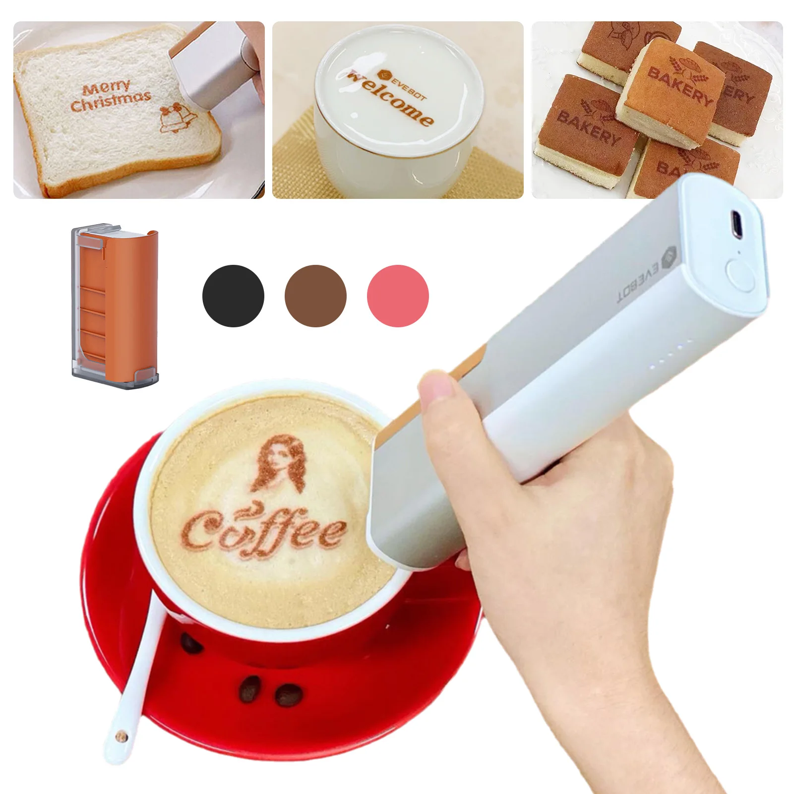 EVEBOT Print Pen Portable Mini Coffee Handheld Food Printer Latte Art Inkjet DIY Patterns Design Edible Logo Kitchen Printer