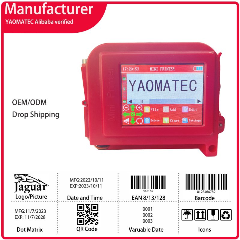 Yaomatec 27 Languages 12.7MM Date Number Logo Picture QR Code Barcode Mini Inkjet Pocket Hand Ink Jet Inkjet Printer