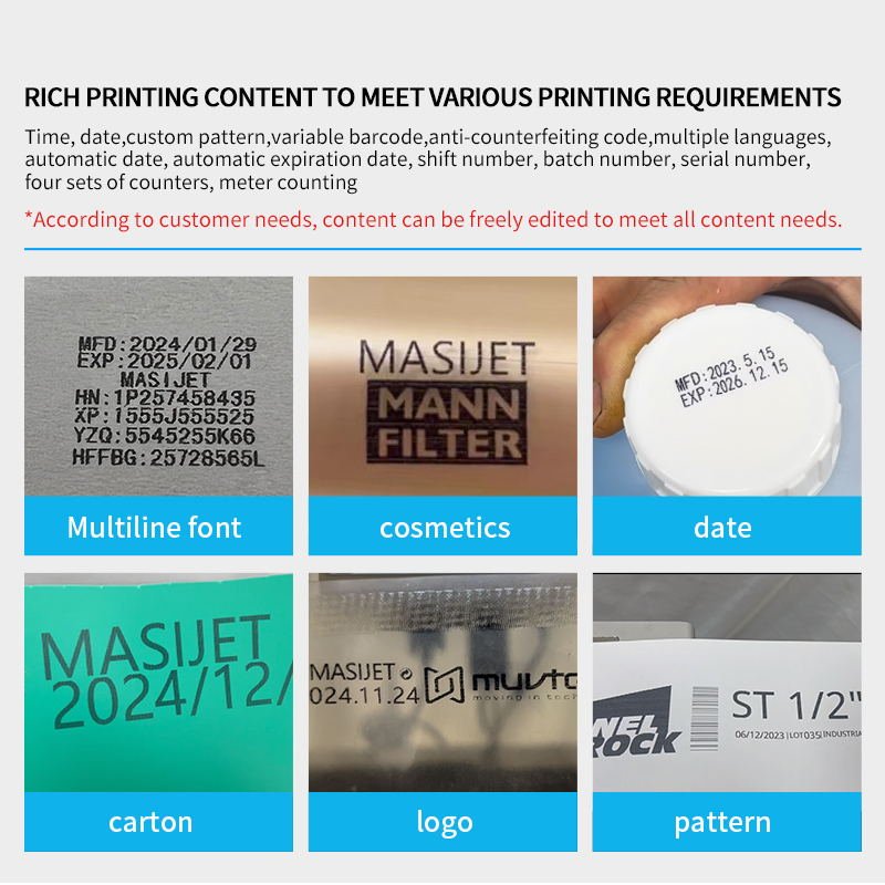 MASIJET 7-inch touch screen fully automatic inkjet printer, expiration date coding, multi-color quick drying ink cartridge