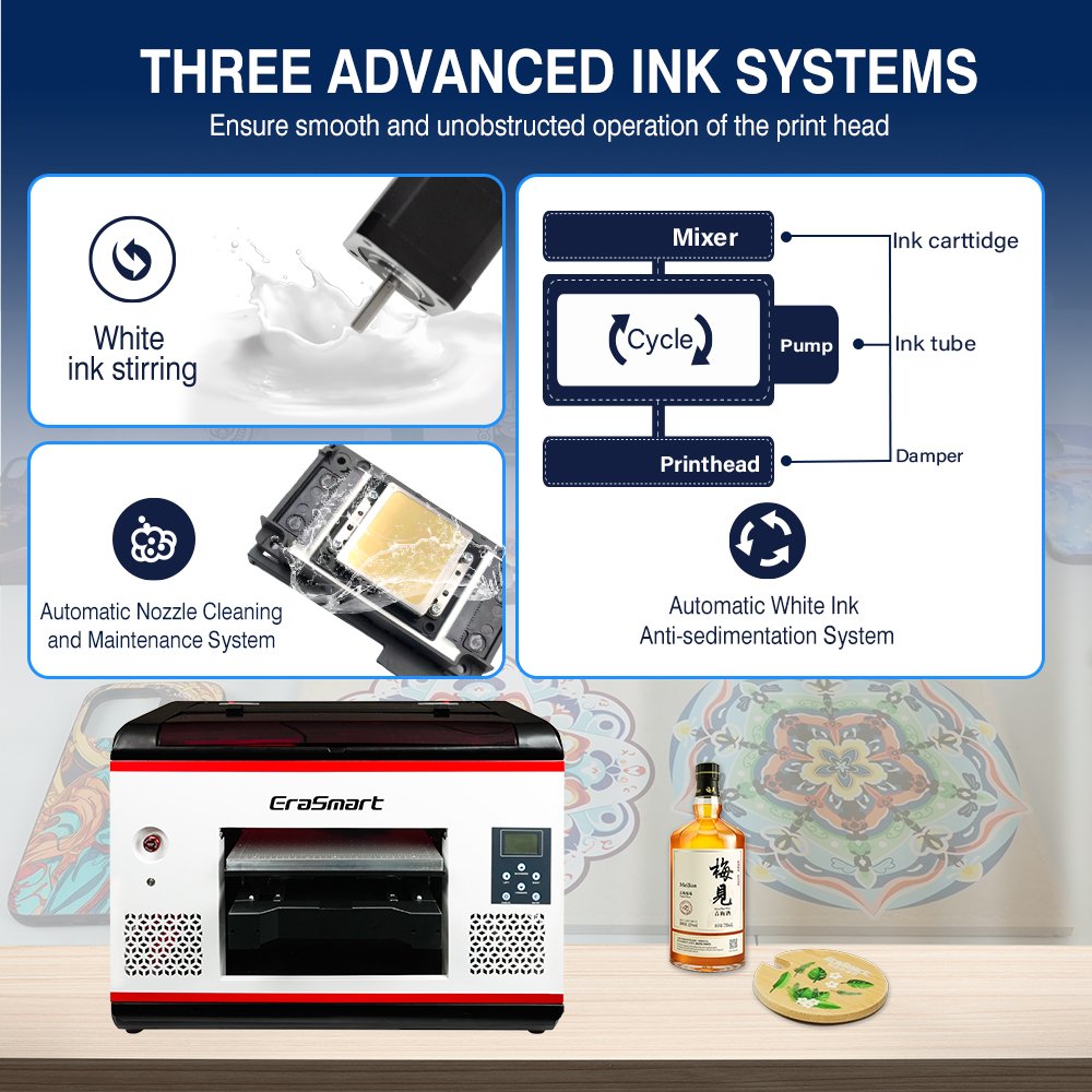 EraSmart A3 Small Desktop Cup Cylinder Flat Bed Card Acrylic Bottle Phone Case Printing Mini Inkjet Led Price Flatbed Uv Printer