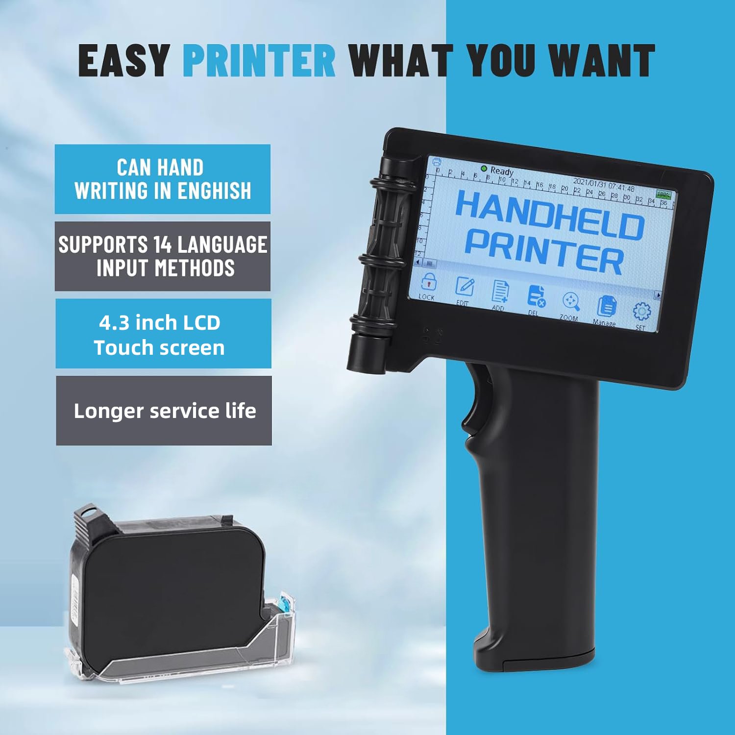 PT3000 Portable Handheld QR Code Barcode Inkjet Printer for Hotels Production Dates Tubes and Leather Items 12.7mm Handle