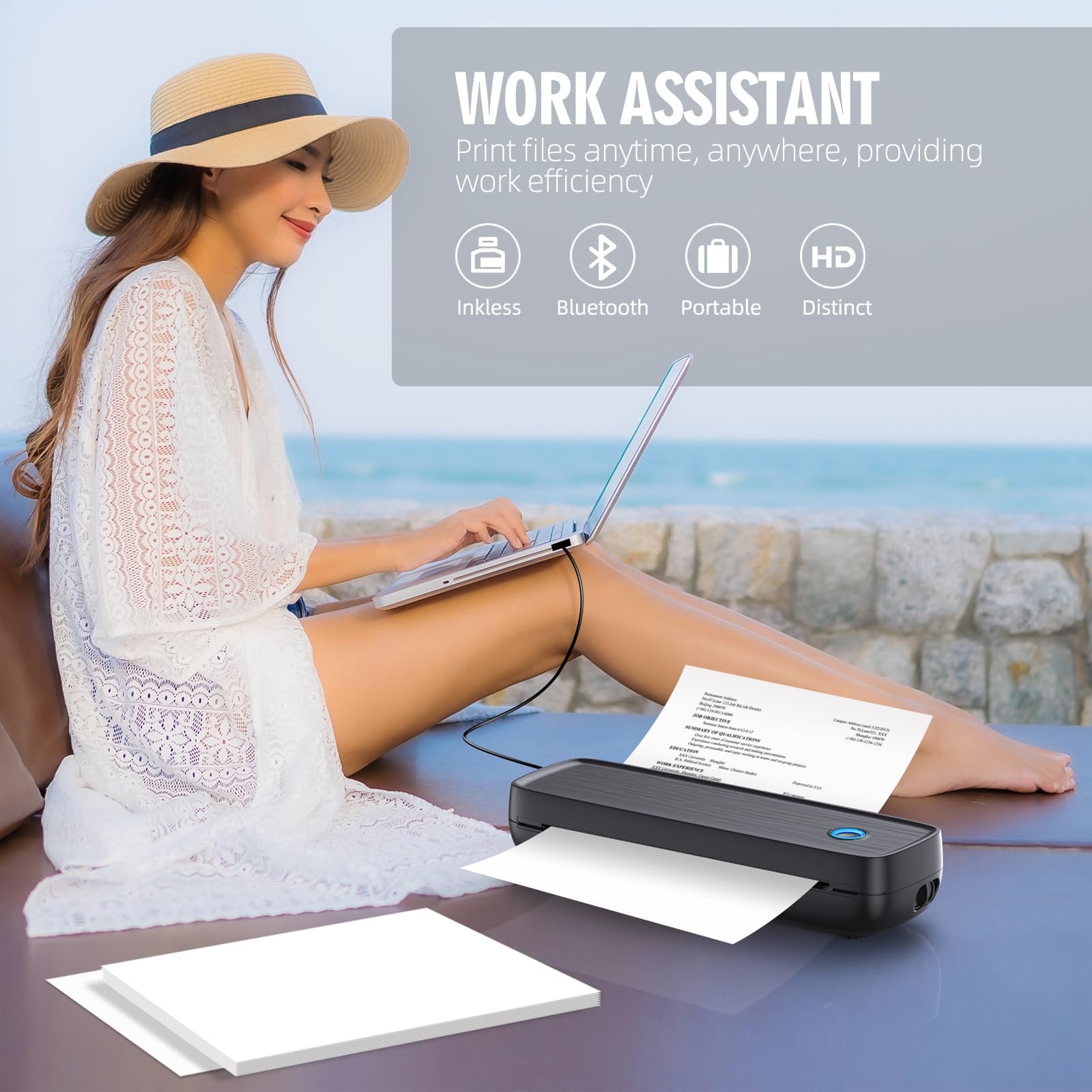 Portable Printer Wireless For Travel A4&A5 Thermal Paper Inkless Printer Compatible With IOS Android Laptop For Office Car Home