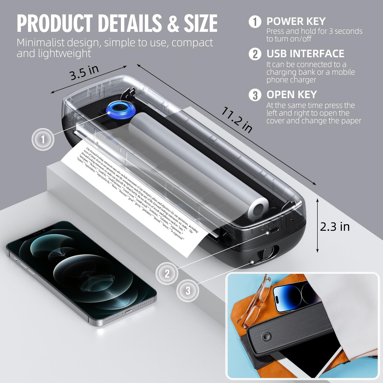 Portable Printer Wireless For Travel A4&A5 Thermal Paper Inkless Printer Compatible With IOS Android Laptop For Office Car Home
