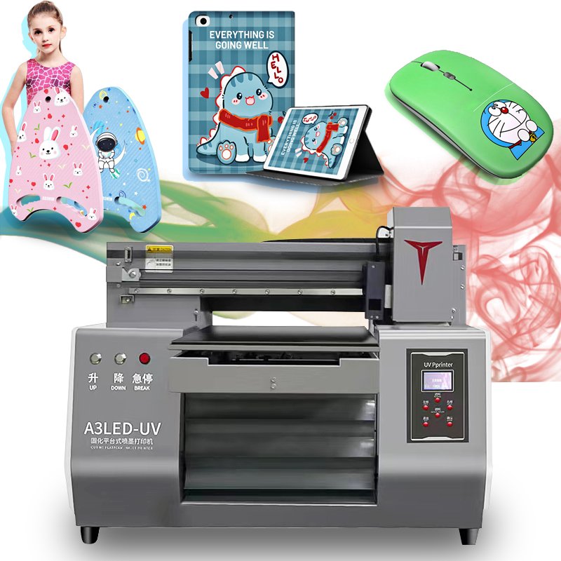 Efficient A3 UV printer, portable 3050 UV flatbed printer, printing packaging bags, pens, headphones, varnish, UV inkjet printer