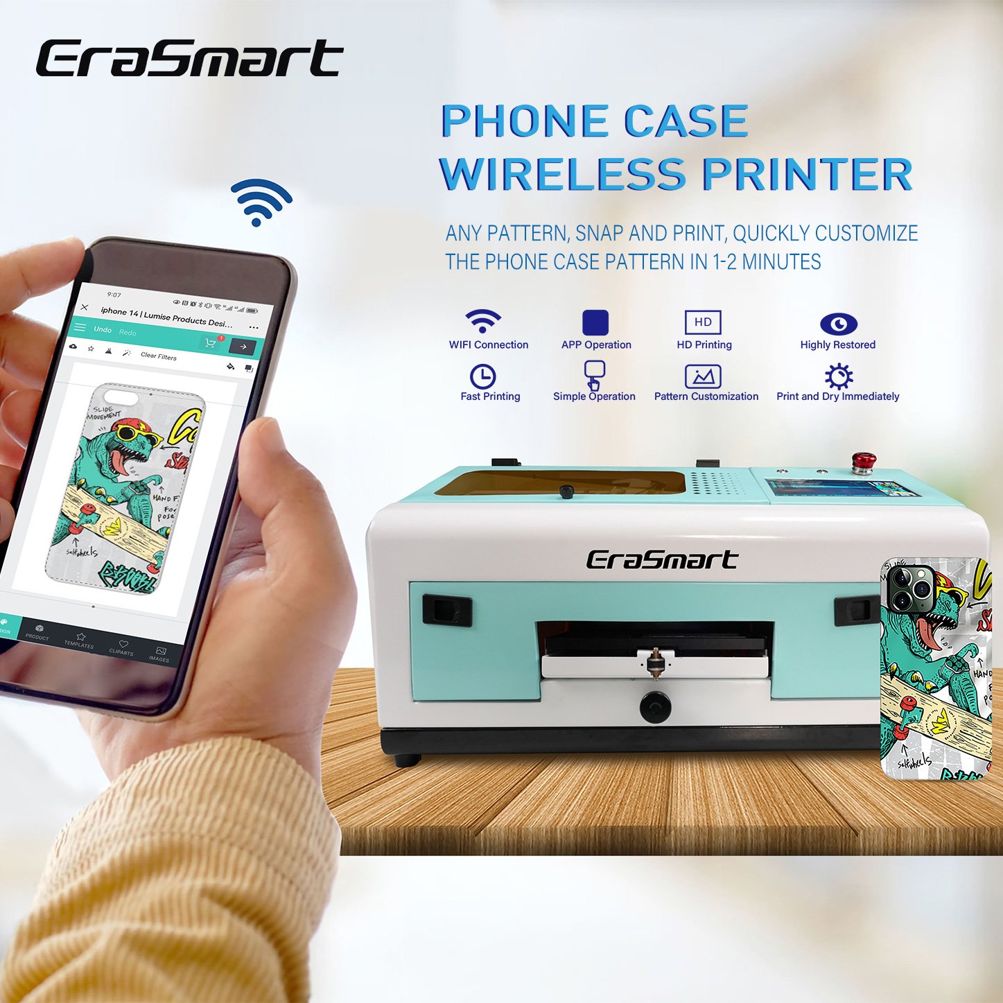 EraSmart Digital Small Desktop Cloud Inkjet UV Printer Flat Bed Printing Machine APP WIFI Wireless Phone Case Printer