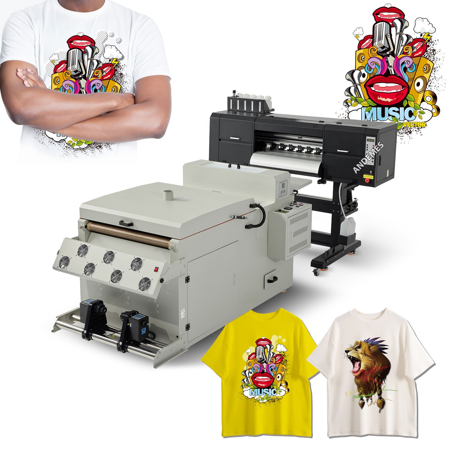 Andemes A1 24'' print size 60cm I3200 double heads direct to film DTF Printer and powder shaker oven t shirt printing machine