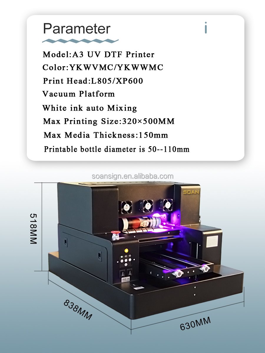 Soan hot sales A3 UV DTF printer machine flatbed UV dtf Printer for phone case pen mug bottle glass wood metal acrylic