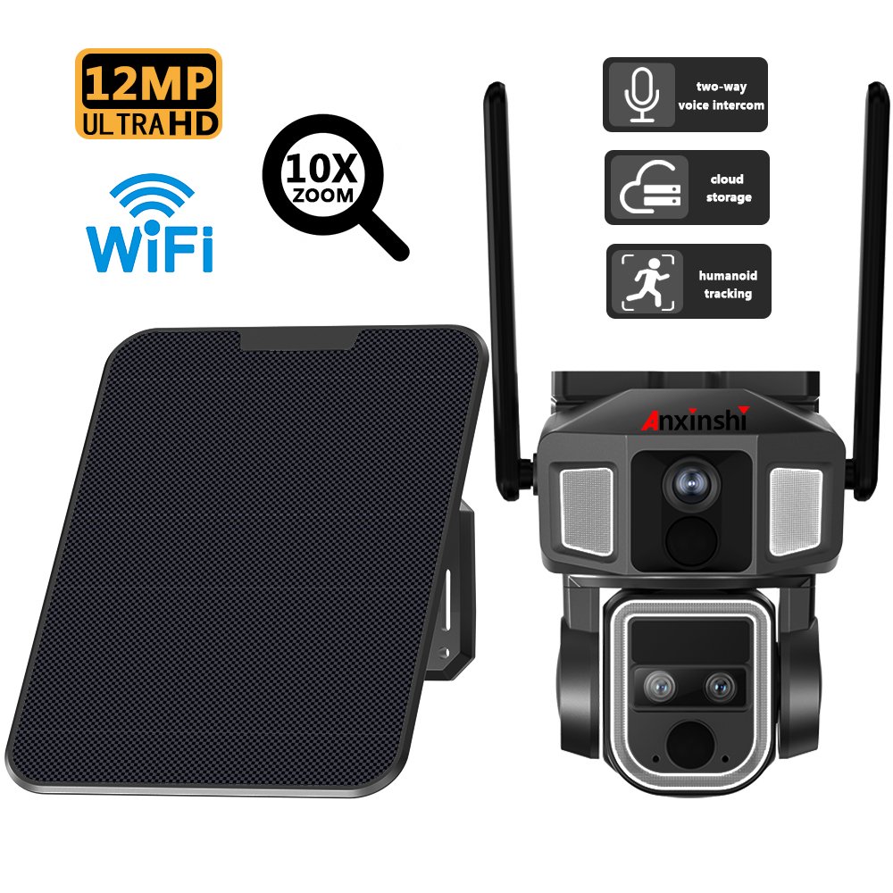 Anxinshi 3 Lens 12MP High Resolution 10X Optical PTZ Wireless WiFi Solar Battery Network Camera