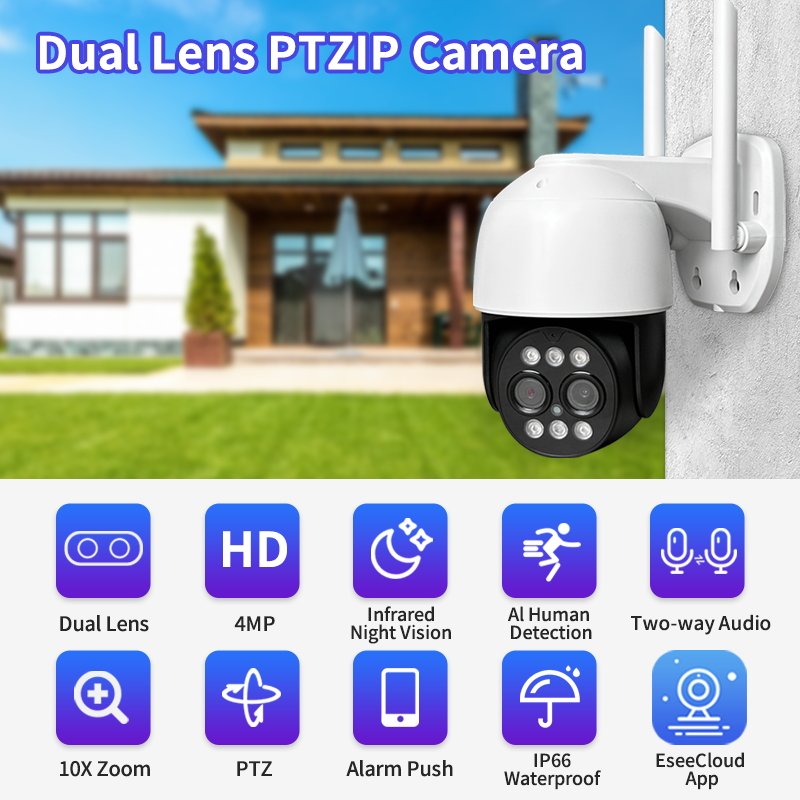 ZXSD 4MP Wireless Security WiFi CCTV Network Camera 10x Zoom Dual Lens Ptz Surveillance Camera