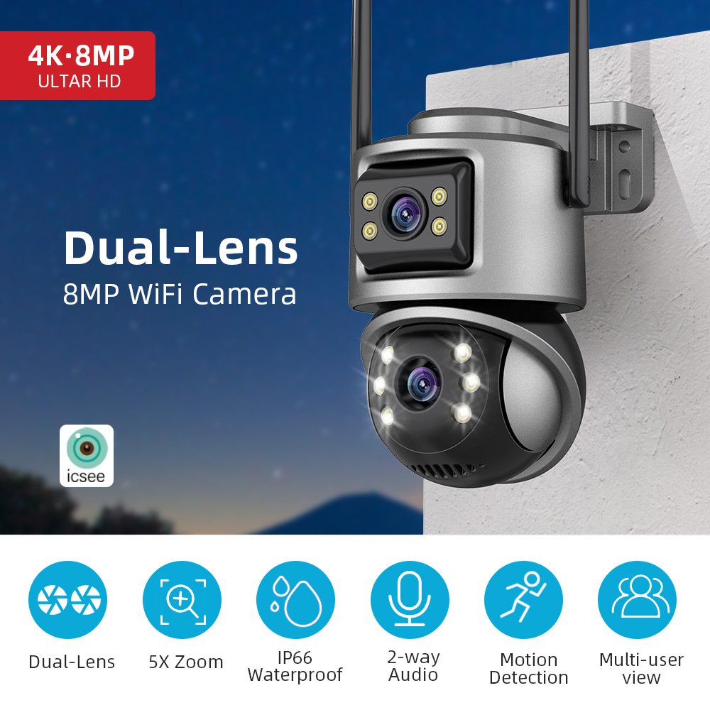 4k Security Camera Outdoor Wireless Dual Lens Wide Angle Night Vision Ptz Alarm Tracking Ip Network Surveillance Camera