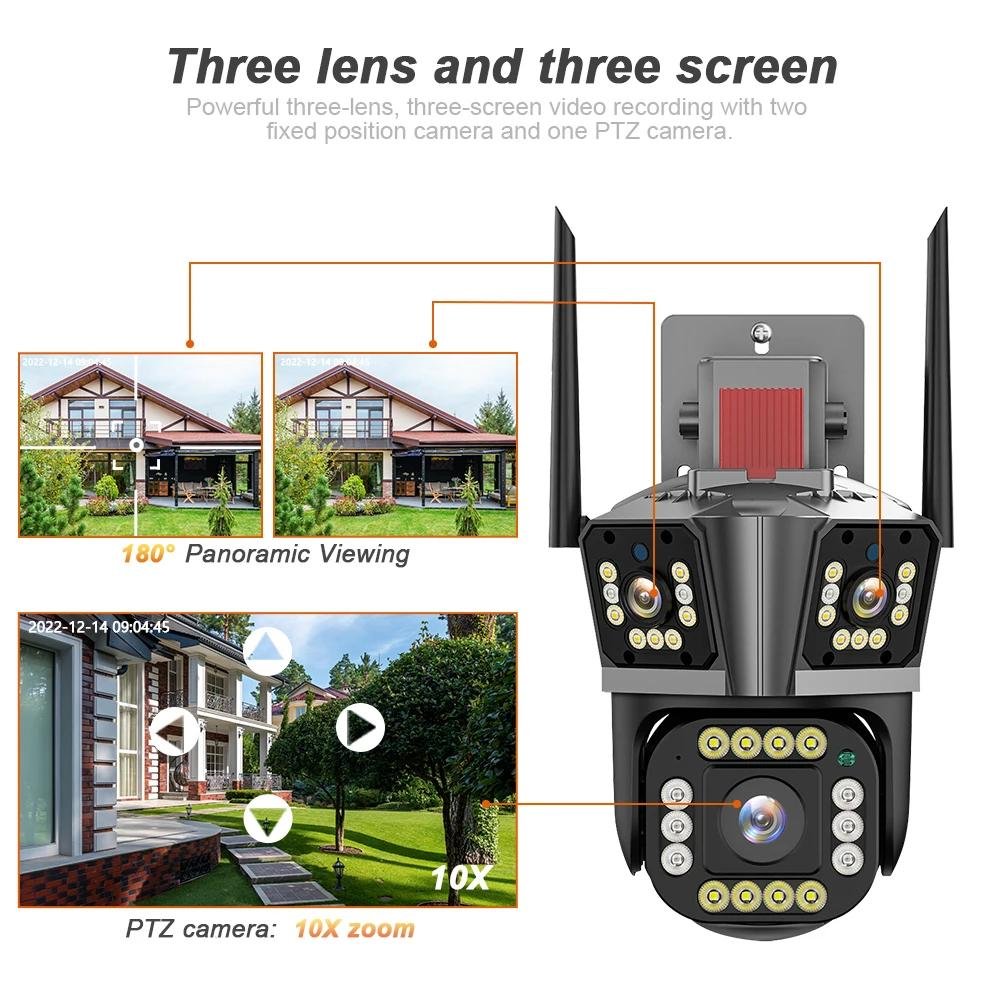 12MP Wifi Camera Three Lens Three Screens 10X Digital Zoom Human Motion Detection Outdoor Security IP Cctv Network Camera