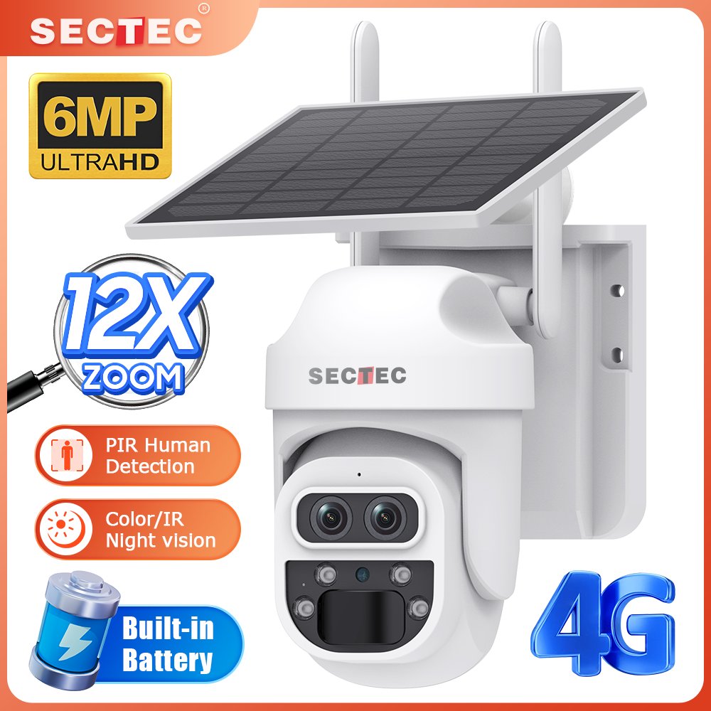 UBOX 12X PIR Human Detection PTZ Security Camera HD 6MP IP Outdoor CCTV Panoramic Mini Size 4G SIM Card Solar Network Camera