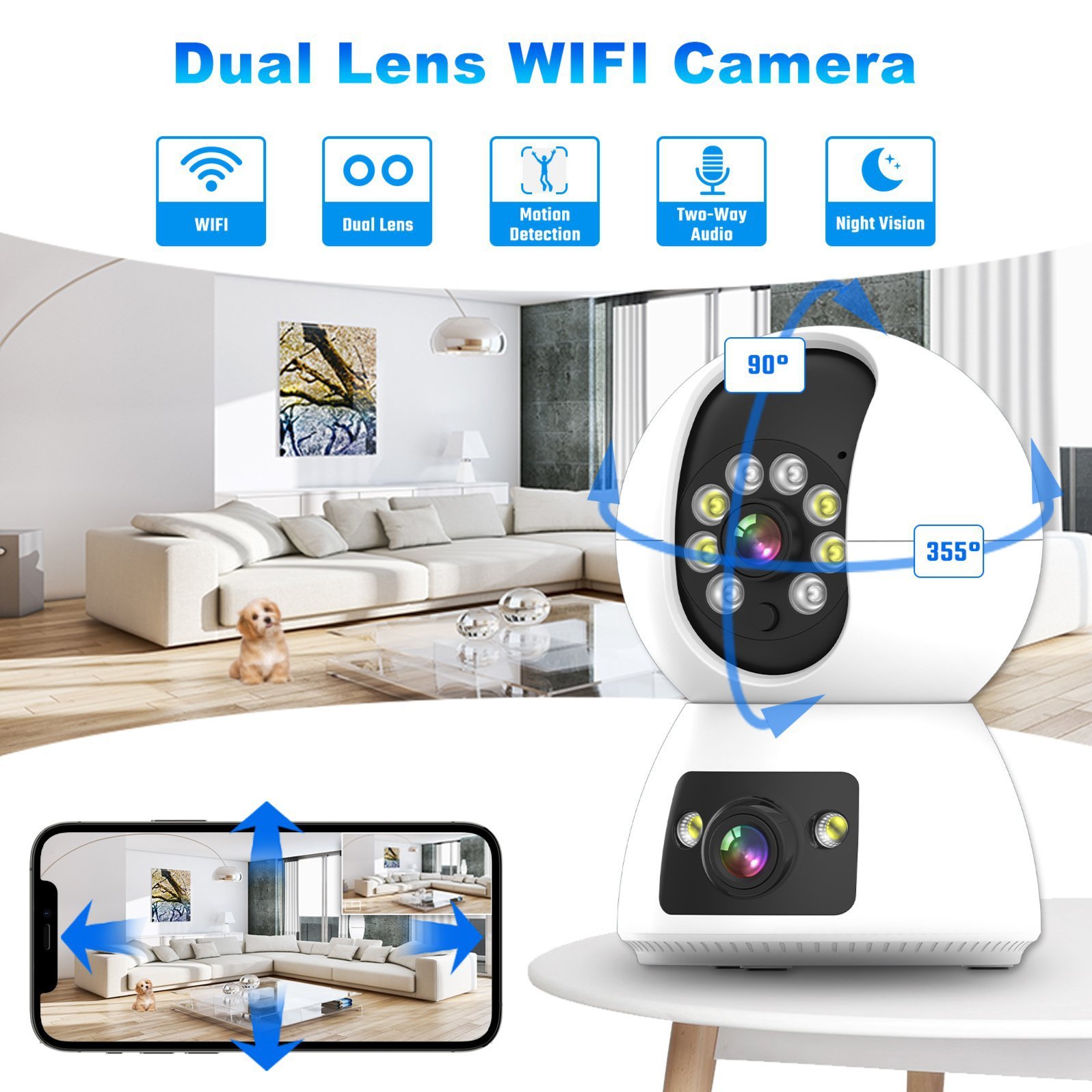 Wireless Wifi Remote Control Surveillance Ptz Home Security Baby Monitor Dual Lens Tuya Smart IP Camera
