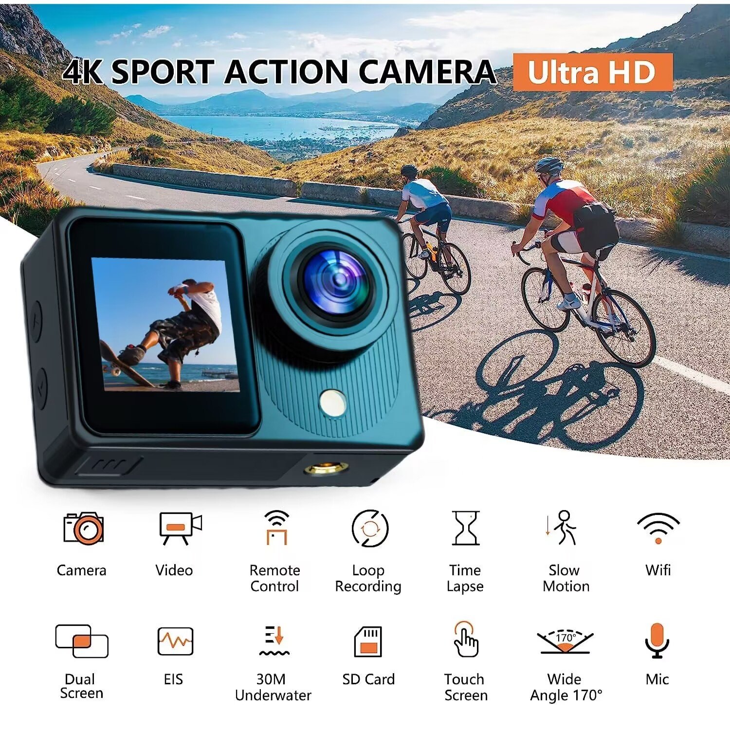 Factory wholesale 4K/30fps waterproof helmet sport camera 2 inch dual screen mini underwater 40M hd video cameras EIS action cam