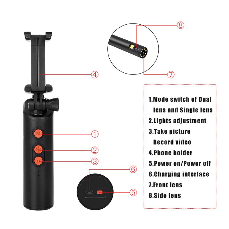 Wifi Endoscope Camera 8MM Dual Lens Handheld IP68 Waterproof WiFi Borescope Inspection 2.0 MP HD Snake Camera For Android IOS 5m