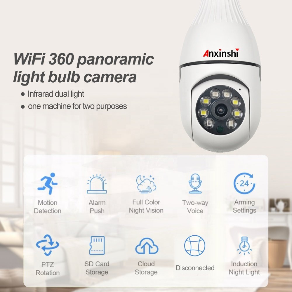 Anxinshi Wifi camera lamp WiFi 360 panoramic light bulb camera 4mp wifi dome camera