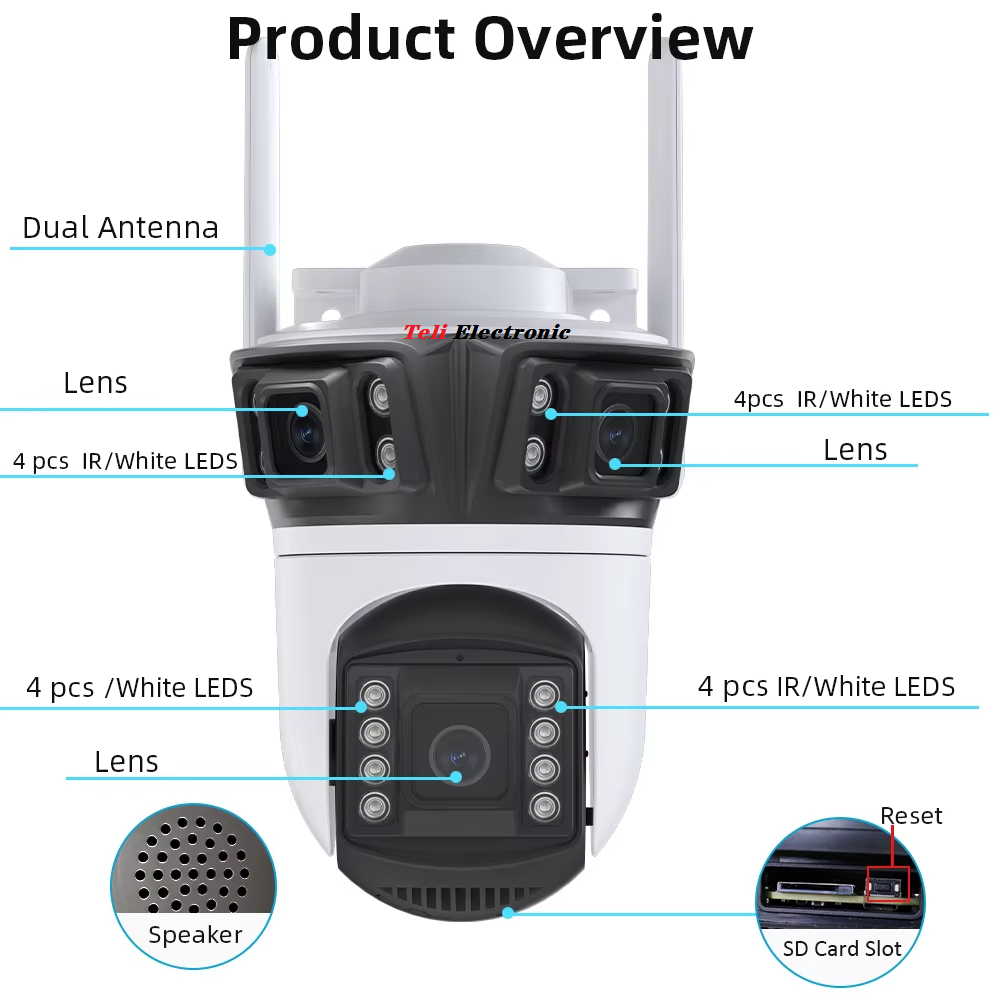 3 lens 8mp outdoor wireless camera PTZ 360 panoramic AI Humanoid detection night vision CCTV security camera