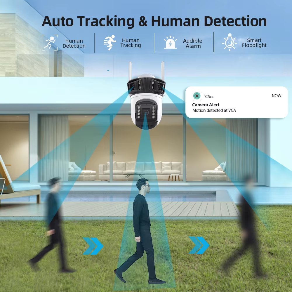 3 lens 8mp outdoor wireless camera PTZ 360 panoramic AI Humanoid detection night vision CCTV security camera