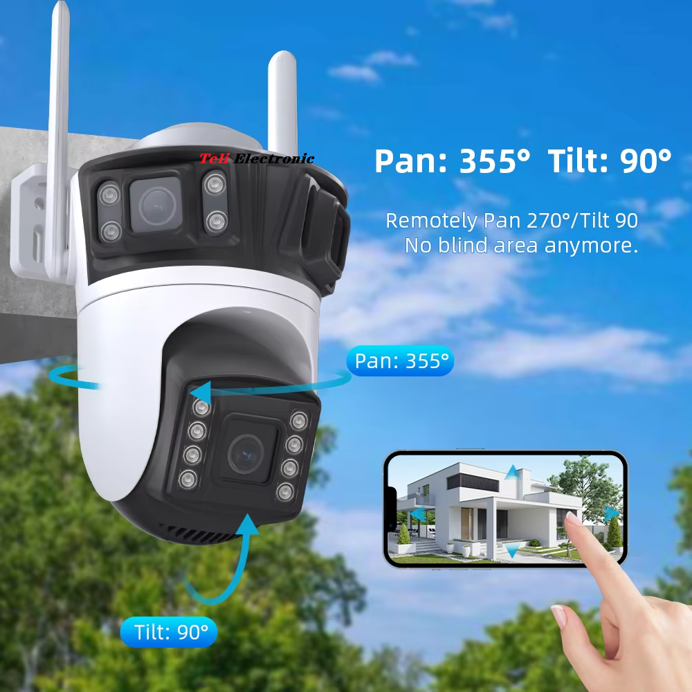 3 lens 8mp outdoor wireless camera PTZ 360 panoramic AI Humanoid detection night vision CCTV security camera